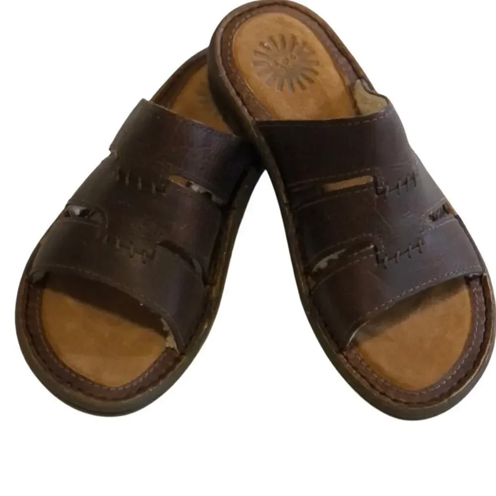 Ugg Mens Osprey Size 7 Sandal Slide Brown Leather Sheepskin Sherpa Lined Casual